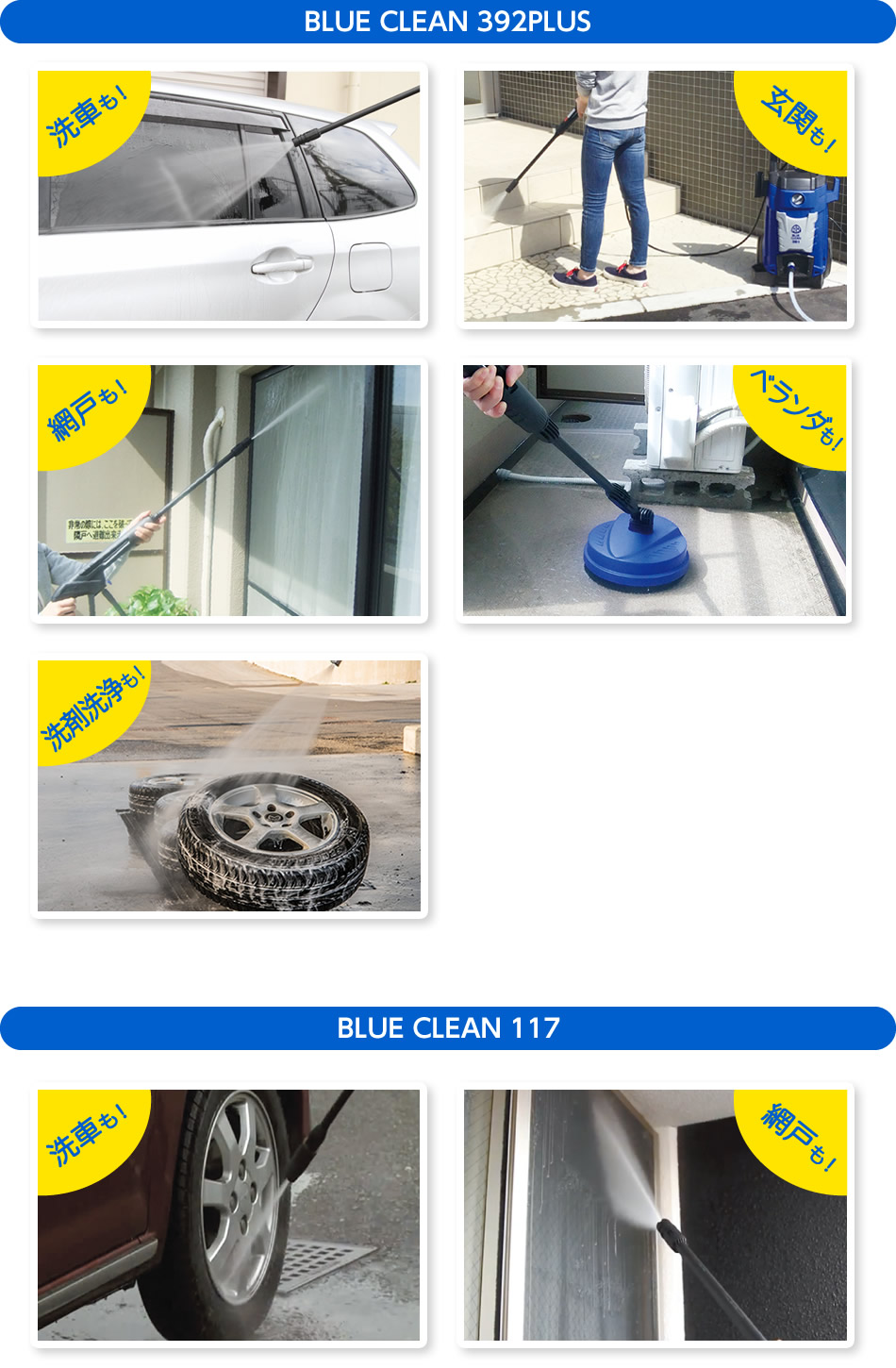 BLUE CLEAN 392PLUSの使用例：洗車、玄関、網戸、ベランダ、洗剤洗浄 / BLUE CLEAN 117の使用例：洗車、網戸