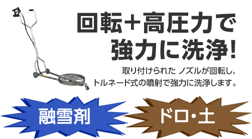 回転＋高圧力で強力に洗浄！ 融雪剤、ドロ・土